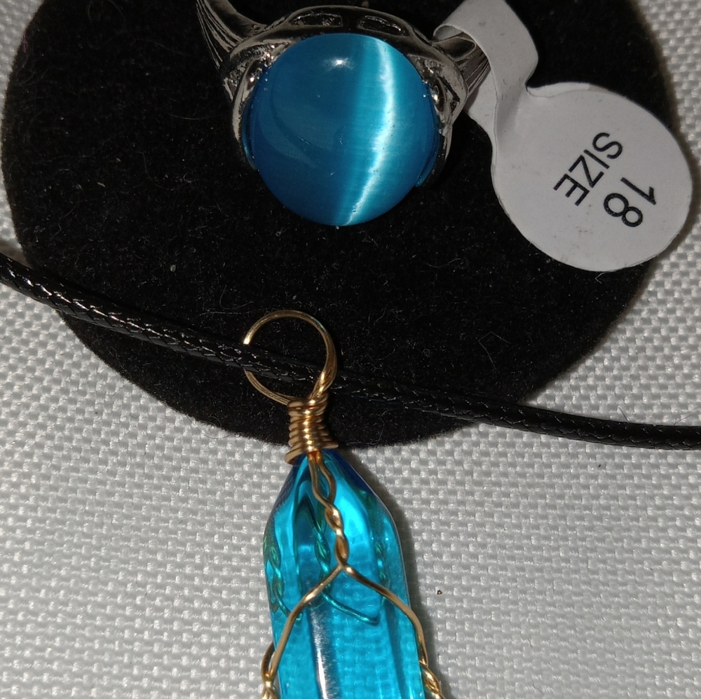 Matching Necklace and Ring Set w/Blue Cat's-eye Ring & Pendant on Black Cord